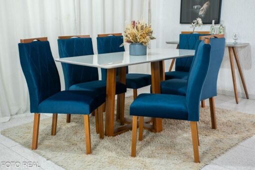 Mesa de Jantar Pedro Mel Vidro Off 160×80 6 Cadeiras Lisboa Veludo Azul 503 Madeira Maciça Art Assento - Entregue Montada