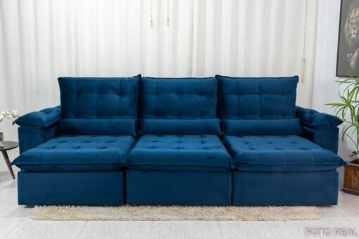 Sofá Retrátil Reclinável Emanuelly Veludo Azul 03 Larg. 3.20m  - D28 Soft - Imagem 5