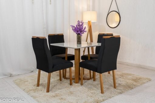 Mesa de Jantar Pedro Mel Vidro Off 90×90 4 Cadeiras Lisboa Veludo Preto 504 Madeira Maciça Art Assento - Entregue Montada - Imagem 2