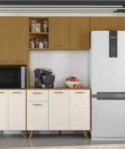 Armário Cozinha Olinda Ripado 3D 4 Peças Paneleiro + Aéreo 1.05m + Balcão e  Aéreo de Geladeira Freijó/Off Poliman