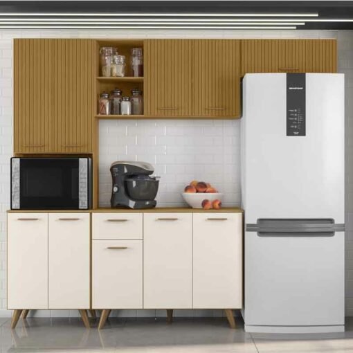 Armário Cozinha Olinda Ripado 3D 4 Peças Paneleiro + Aéreo 1.05m + Balcão e  Aéreo de Geladeira Freijó/Off Poliman