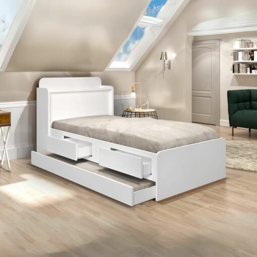 Cama Solteiro Baú Tamires + Auxiliar Mili Branco - MADEC/VJ MÓVEIS
