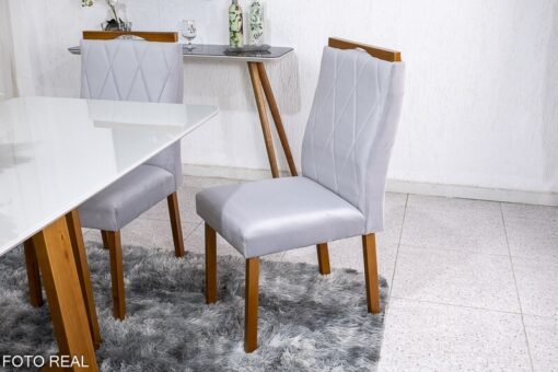 Mesa de Jantar Pedro Mel Vidro Off 160×80 6 Cadeiras Lisboa Veludo Prata 514 Madeira Maciça Art Assento - Entregue Montada - Imagem 4