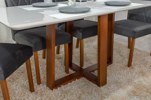 Mesa de Jantar Pedro Mel Vidro Off 160×80 6 Cadeiras Lisboa Veludo Cinza 507 Madeira Maciça Art Assento - Entregue Montada - Imagem 3