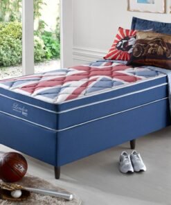 Box Azul + Colchão Solteiro London Molas Superlastic 88x188x68 Anjos