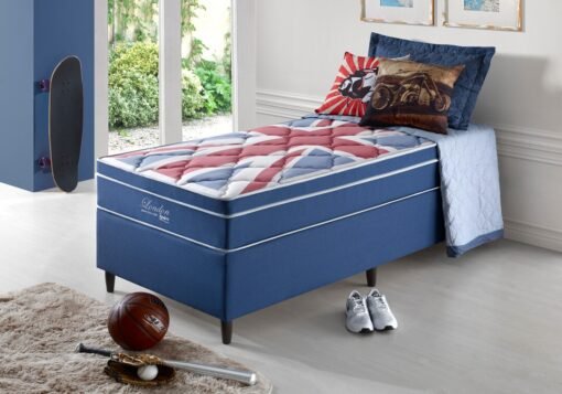 Box Azul + Colchão Solteiro London Molas Superlastic 88x188x68 Anjos