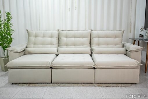 Sofá Retrátil Reclinável Emanuelly Veludo Bege 01 Larg. 3.20m  - D28 Soft - Imagem 5