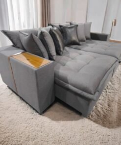 Sofá Cama Retrátil Thebas/Gabriela 2,90 m Linho Grafite 301/Courino Dalas – ZARAT ESTOFADOS