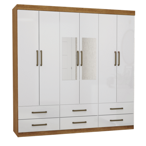 Guarda-Roupa 6 Portas(Com Espelho/Sem Pés)Dallas 1,53 m Cinamono/Branco – CARIOCA MÓVEIS - Imagem 2