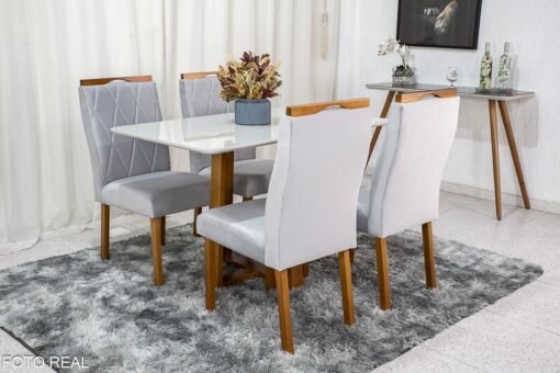 Mesa de Jantar Pedro Mel Vidro Off 120×80 4 Cadeiras Lisboa Veludo Prata 514 Madeira Maciça Art Assento - Entregue Montada - Imagem 2