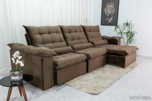 Sofá Retrátil Reclinável Emanuelly Veludo Marrom 19 Larg. 3.20m - D28 Soft - Imagem 3