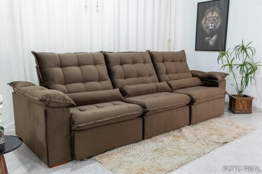 Sofá Retrátil Reclinável Emanuelly Veludo Marrom 19 Larg. 3.20m - D28 Soft - Imagem 4