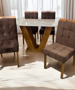 Mesa Classic 120 Cinamomo/Off White com 4 Cadeiras Sophia Mel/Veludo Marrom – CEL MÓVEIS + WM DECOR