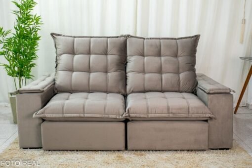 Sofá Retrátil Reclinável Atenas 2.10m Veludo Cinza 813 D33 e Molas Ensacadas - Imagem 5