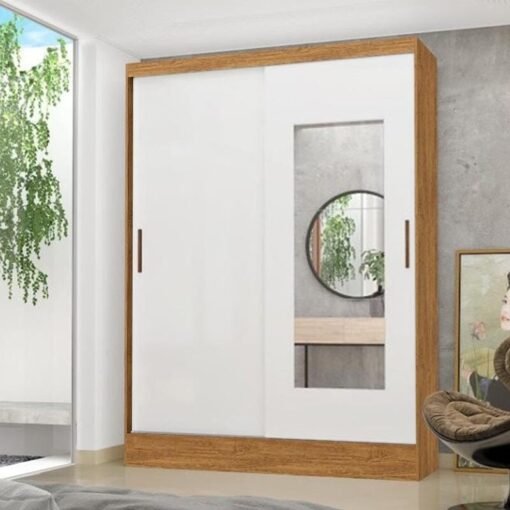 Guarda-Roupa Solteiro Santiago 2 Portas Larg. 1.31m Com Espelho e Pés Cinamomo/Branco Carioca Móveis