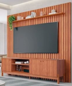 Rack Holanda Cinamomo Ripado 100% MDF Larg. 2.05m + Painel Maragogi Cinamomo Ripado 100% MDF Larg. 2.30m - Permobili