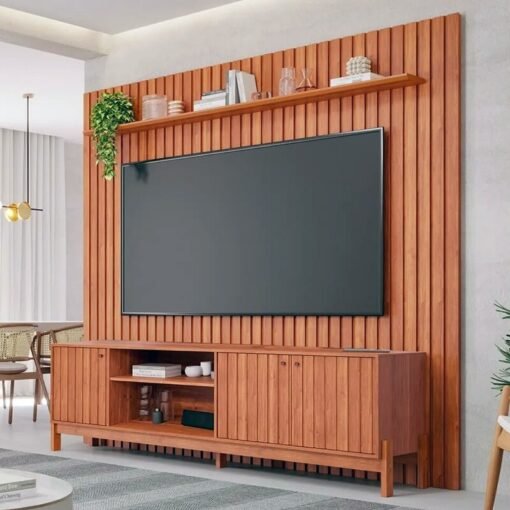 Rack Holanda Cinamomo Ripado 100% MDF Larg. 2.05m + Painel Maragogi Cinamomo Ripado 100% MDF Larg. 2.30m - Permobili