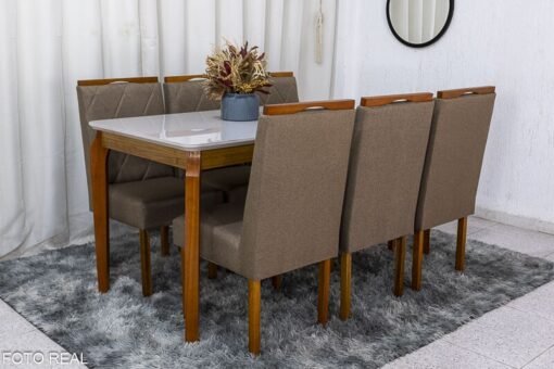 Mesa de Jantar Alegra Tampo Vidro Off 160×80 6 Cadeiras Diamante Linho Capuccino 29033 JCM Madeira Maciça - Imagem 3