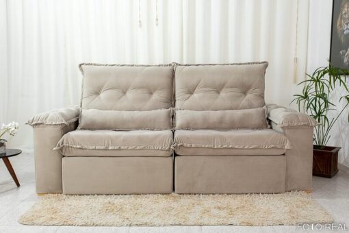 Sofá Retrátil Reclinável Califórnia 2.50m Veludo 525 Bege - D28 Hiper soft - Imagem 5