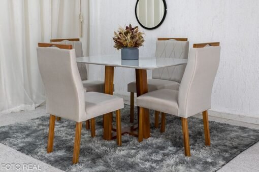 Mesa de Jantar Pedro Mel Vidro Off 120×80 4 Cadeiras Lisboa Veludo Bege 512 Madeira Maciça Art Assento - Entregue Montada - Imagem 2