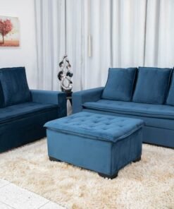 Sofá 3 e 2 lugares França com Puff Veludo Azul A16 Larg. 1.86m