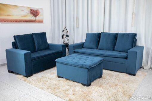 Sofá 3 e 2 lugares França com Puff Veludo Azul A16 Larg. 1.86m