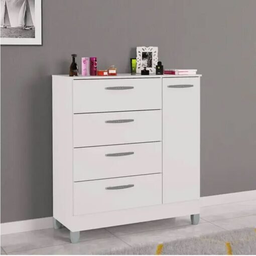 Cômoda com 1 Porta 4 Gavetas Branco Larg. 0.86m - Poquema
