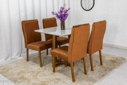 Mesa de Jantar Pedro Mel Vidro Off 90×90 4 Cadeiras Lisboa Veludo Terracota 513 Madeira Maciça Art Assento - Entregue Montada - Imagem 3