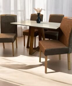 Mesa Pedro 120 Mel/Off White com 4 Cadeiras Priscila Imbuia Mel Veludo Marrom 1014 – ART ASSENTOS + AVALON DECOR