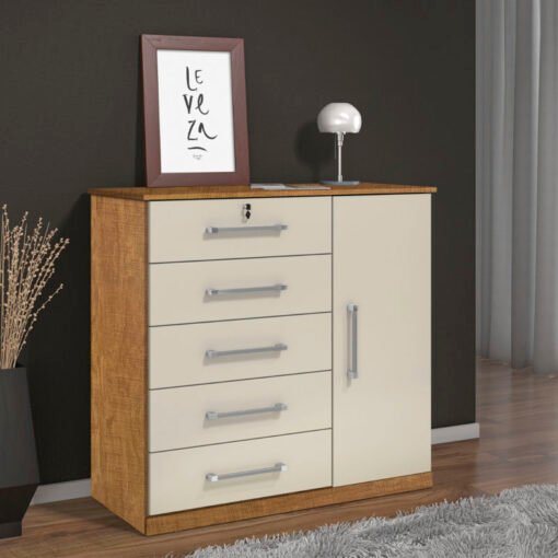 Cômoda Vane 012 Cinamomo/Off 5 Gavetas 1 Porta Larg. 0.92m - JL Móveis