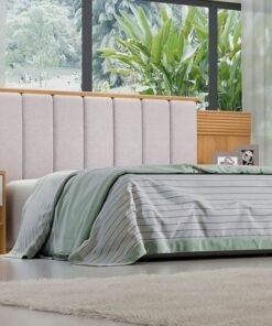 Cabeceira Casal Íris Larg. 1.40m Acolchoada Linho Bege e Detalhe Ripado Cinamomo/Off D Doro
