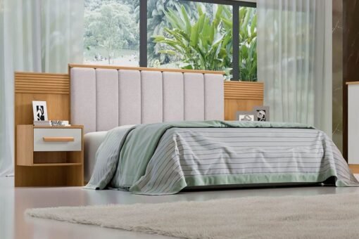 Cabeceira Casal Íris Larg. 1.40m Acolchoada Linho Bege e Detalhe Ripado Cinamomo/Off D Doro