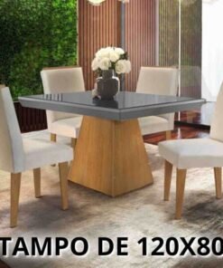 Mesa de Jantar Luna Imbuia Tampo MDF Vidro Grafite 120×80 4 Cadeiras Lunara Veludo Creme Rufato