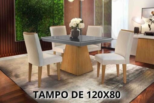 Mesa de Jantar Luna Imbuia Tampo MDF Vidro Grafite 120×80 4 Cadeiras Lunara Veludo Creme Rufato