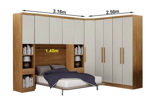 Modulado 1 Roupeiro Moderni 4 Pts +  2 Criado Rizon + 1 Canto Oblíquo Rizon  + 1 Aéreo 3 portas Rizon Cumaru/Fendi Novo Horizonte - Imagem 2