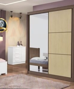 Roupeiro Atenas Castanho/Linho 2 Portas C/ 1 Espelho 3 Gavetas Portas Flex 100% MDF Larg. 1.85m - D Doro