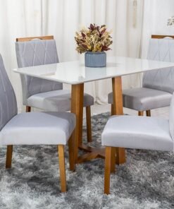 Mesa de Jantar Pedro Mel Vidro Off 120×80 4 Cadeiras Lisboa Veludo Prata 514 Madeira Maciça Art Assento - Entregue Montada