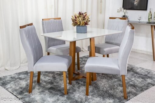 Mesa de Jantar Pedro Mel Vidro Off 120×80 4 Cadeiras Lisboa Veludo Prata 514 Madeira Maciça Art Assento - Entregue Montada