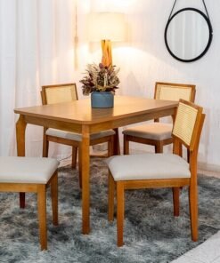 Mesa de Jantar Alegra Tampo Cinamomo 120×80 4 Cadeiras Jade Linho Bege 29011 JCM Madeira Maciça