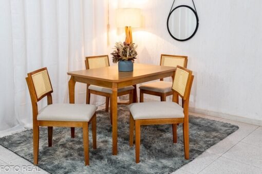 Mesa de Jantar Alegra Tampo Cinamomo 120×80 4 Cadeiras Jade Linho Bege 29011 JCM Madeira Maciça