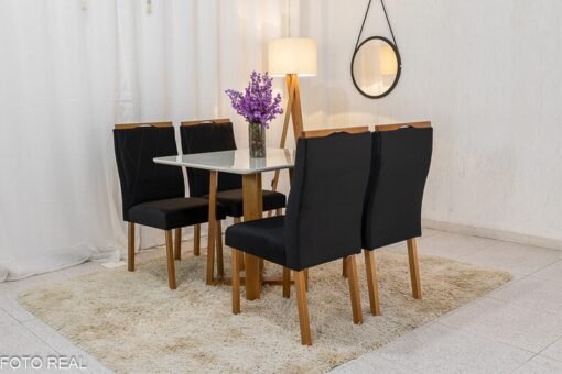 Mesa de Jantar Pedro Mel Vidro Off 90×90 4 Cadeiras Lisboa Veludo Preto 504 Madeira Maciça Art Assento - Entregue Montada - Imagem 3