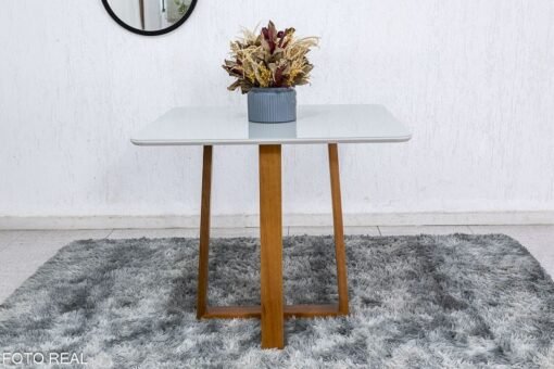 Mesa de Jantar Pedro Mel Vidro Off 90×90 4 Cadeiras Lisboa Veludo Bege 512 Madeira Maciça Art Assento - Entregue Montada - Imagem 7
