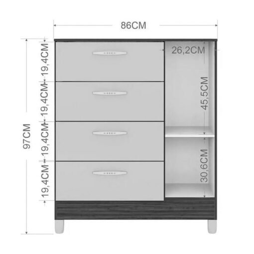 Cômoda com 1 Porta 4 Gavetas Branco Larg. 0.86m - Poquema - Imagem 3