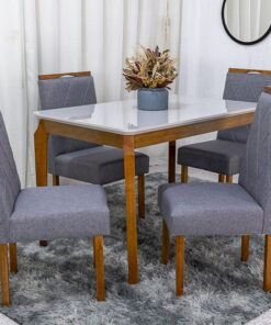 Mesa de Jantar Alegra Tampo Vidro Off 120×80 4 Cadeiras Diamante Linho Cinza 2904 JCM Madeira Maciça