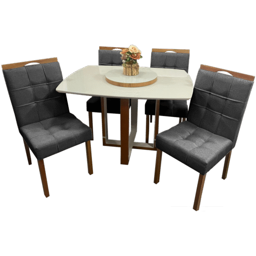 Mesa Atlas Mel/Off White Canto Barril 120×90 com 4 Cadeiras Sophia Mel/Veludo Cinza Grafite – ART ASSENTOS + WM DECOR - Imagem 3