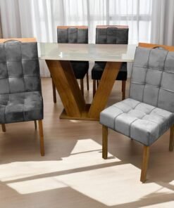 Mesa Classic 120 Cinamomo/Off White com 4 Cadeiras Sophia Mel/Veludo Cinza Grafite – CEL MÓVEIS + WM DECOR