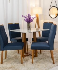 Mesa de Jantar Pedro Mel Vidro Off 90×90 4 Cadeiras Lisboa Veludo Azul 503 Madeira Maciça Art Assento - Entregue Montada