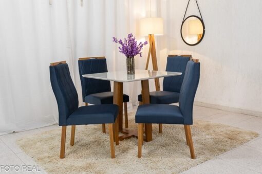Mesa de Jantar Pedro Mel Vidro Off 90×90 4 Cadeiras Lisboa Veludo Azul 503 Madeira Maciça Art Assento - Entregue Montada