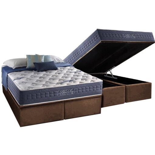 Colchão Queen Blue Sea D28 + Base Box Baú Corino Marrom – ANJOS COLCHÕES + ALTO NÍVEL CAMAS E COLCHÕES
