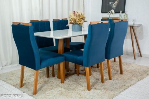 Mesa de Jantar Pedro Mel Vidro Off 160×80 6 Cadeiras Lisboa Veludo Azul 503 Madeira Maciça Art Assento - Entregue Montada - Imagem 2